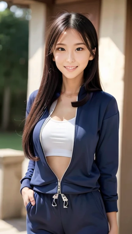 A superb exquisite real beautiful girl, semi-long hair, extremely exquisite facial features, peerless beautiful girl, jogging suit,navy blue jogging suit, slender, small breasts, exposed thighs, sweet shy smile with teeth, soft, dreamy quality, light white...