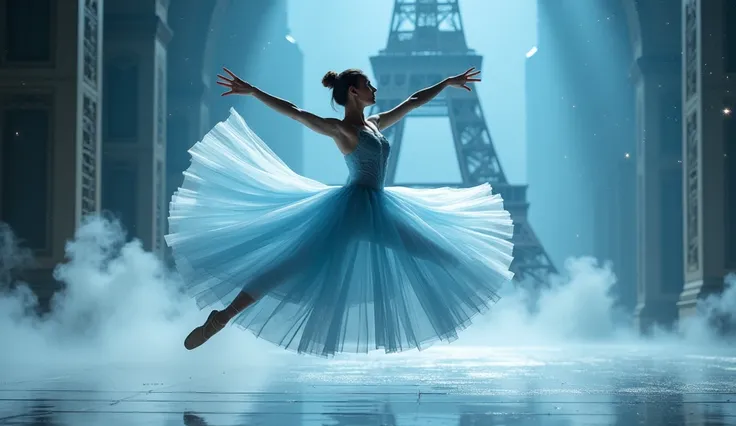 Jumping very high,Angle from below,posing for a picture, ballerina, ballet dancer,, , ballet style pose, ballet pose, ballet, prima ballerina, ((Wearing a very long pale blue dress, The super long skirt spreads out in a circular motion.,)), (Profile shot),...