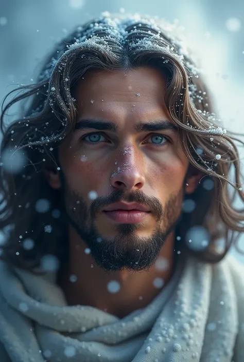 Face of young Jesus in the middle of a snow storm 