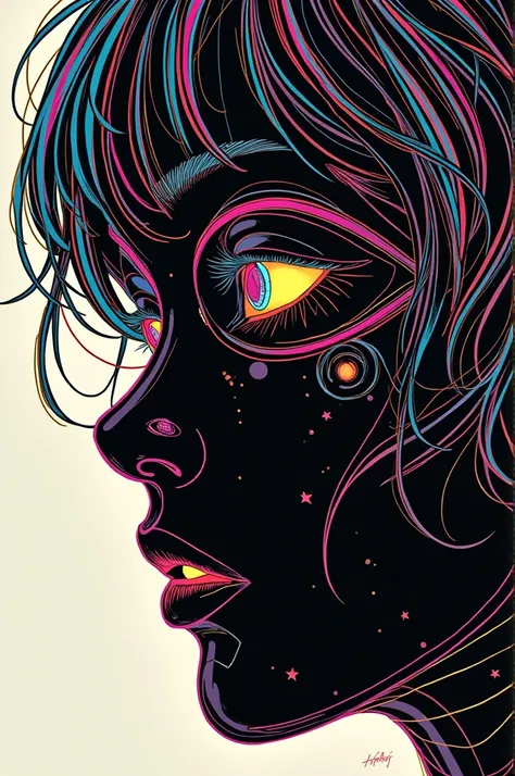 ((best quality)), ((masterpiece)), (detailed), perfect face of cyberpunk mecha japanese girl, neon rainbow eyes, metallic black body, rainbow hair, ((monochromatic neon rainbow color palette)), surreal, art nouveau, in the illustrative style of moebius, sp...