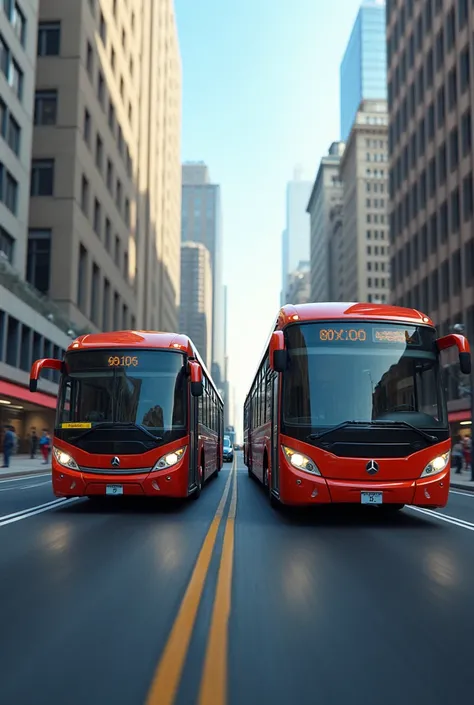 A bus and a van passing by on a street.