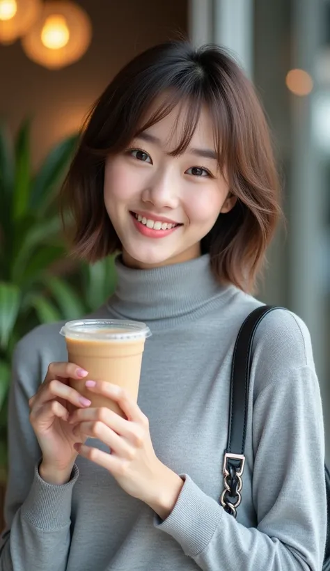 Young Asian-Japanese women around 20 years old。With a short bob cut、With soft brown hair、The bangs are styled to hang lightly over the forehead。She is wearing a grey fitted turtleneck sweater.、Have a slim and healthy figure。She is holding a drink that look...