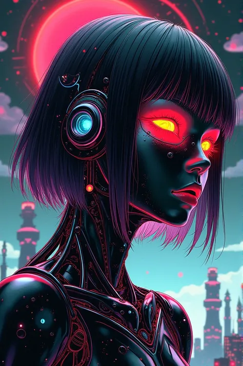 ((best quality)), ((masterpiece)), (detailed), perfect face of cyberpunk mecha japanese girl, neon rainbow eyes, metallic black body, rainbow hair, ((monochromatic neon rainbow color palette)), surreal, art nouveau, in the illustrative style of moebius, sp...