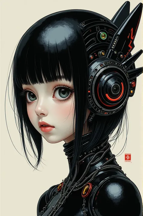 ((best quality)), ((masterpiece)), (detailed), perfect face of cyberpunk mecha japanese girl, shiny black eyes, shiny black body, shiny black hair, ((monochromatic black color palette)), surreal, art nouveau, in the illustrative style of moebius, spaceship...