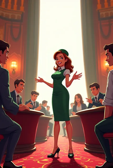 Cartoon casino realistic green composition with girl croupier and Russian Roulette behind her welcoming client in white background, ultra wide shot