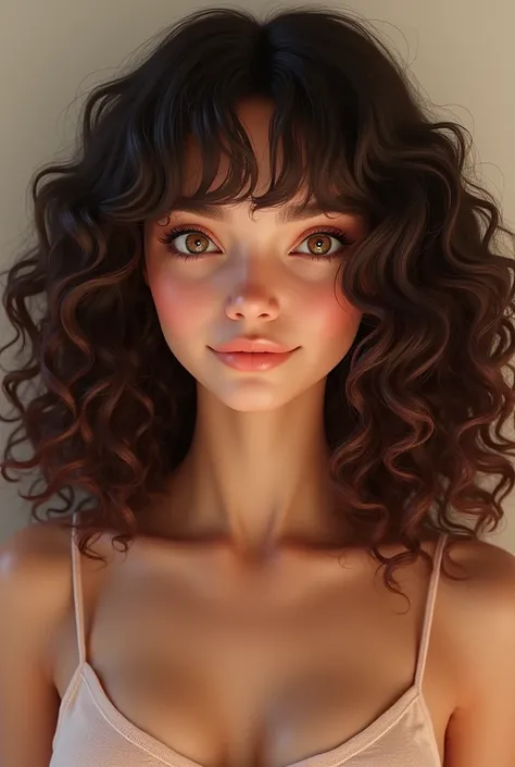 20 year old girl with round face with curly hair 3b and 3c below the collarbones with curly bangs