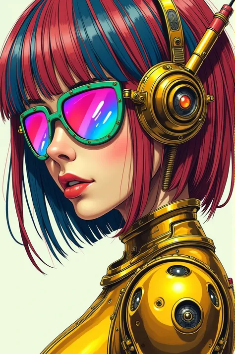 ((best quality)), ((masterpiece)), (detailed), perfect face of cyberpunk mecha japanese girl, neon rainbow eyes, metallic gold body, rainbow hair, ((monochromatic neon rainbow color palette)), surreal, art nouveau, in the illustrative style of moebius, spa...