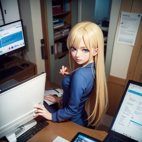 a single cute blonde woman with blue eyes looking out the window of her well organized room and on her desk her computer