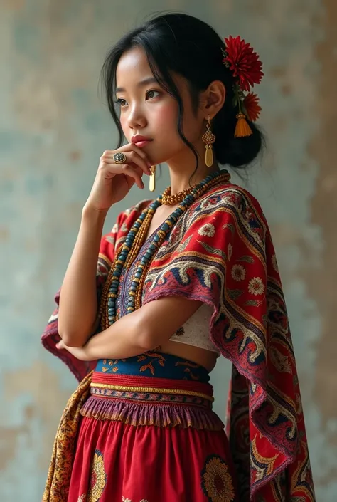 A young woman with a Huaylas costume who is thinking