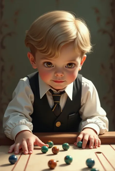  boy with blond brown hair combed white skin brown eyes wearing very formal clothes playing marbles 