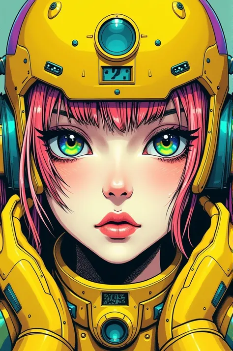 ((best quality)), ((masterpiece)), (detailed), perfect face of cyberpunk mecha japanese girl, neon rainbow eyes, neon yellow body, rainbow hair, ((monochromatic neon rainbow color palette)), surreal, art nouveau, in the illustrative style of moebius, space...