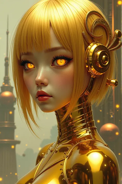 ((best quality)), ((masterpiece)), (detailed), perfect face of cyberpunk mecha japanese girl, shiny gold eyes, shiny gold body, shiny gold hair, ((monochromatic metallic gold color palette)), surreal, art nouveau, in the illustrative style of moebius, spac...