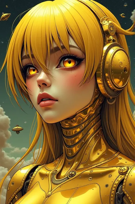 ((best quality)), ((masterpiece)), (detailed), perfect face of cyberpunk mecha japanese girl, shiny gold eyes, shiny gold body, shiny gold hair, ((monochromatic metallic gold color palette)), surreal, art nouveau, in the illustrative style of moebius, spac...