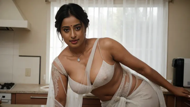 extreme close up photo of sexy mahie gill, front view, curvy, nipples popping out from white see through lace saree, in kitchen, French braid hair, open arms, sexy armpits, bending over,