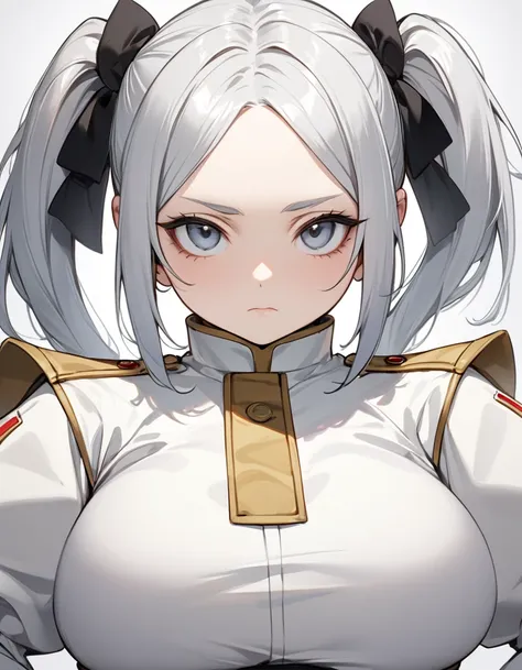 1girl, frieren character, silver hair with pony, twin tail, expressionless, chubby face, 20 year women, half body, best quality, beautiful, 8K, act elegant pose, perfect body, concept