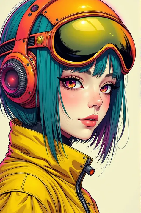 ((best quality)), ((masterpiece)), (detailed), perfect face of cyberpunk mecha japanese girl, neon rainbow eyes, neon yellow body, rainbow hair, ((monochromatic neon rainbow color palette)), surreal, art nouveau, in the illustrative style of moebius, space...