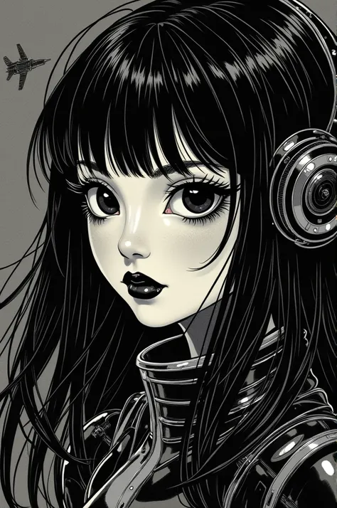 ((best quality)), ((masterpiece)), (detailed), perfect face of cyberpunk mecha japanese girl, shiny black eyes, shiny black body, shiny black hair, ((monochromatic black color palette)), surreal, art nouveau, in the illustrative style of moebius, spaceship...