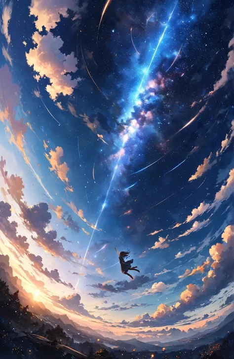 ((Amazingly absurd)),(masterpiece:1.2),超High resolution, Attention to detail, high quality, High resolution, 最high quality, 4K, 8k、so beautiful、landscape、landscape画、In the midst of complex, never-before-seen clouds、A mysterious space 、Countless meteor show...