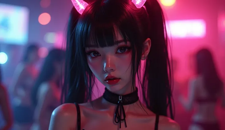 1 Realistic succubus japanese girl, focus eyes,Deep silver perfect eyes,attractive face(slut:1.25),from above,Twin tails tied high with shiny pink ends,Glowing pink Swarovski horns sprout from the base of the twin tails,lace-up collar,Lacy burgundy bikini,...