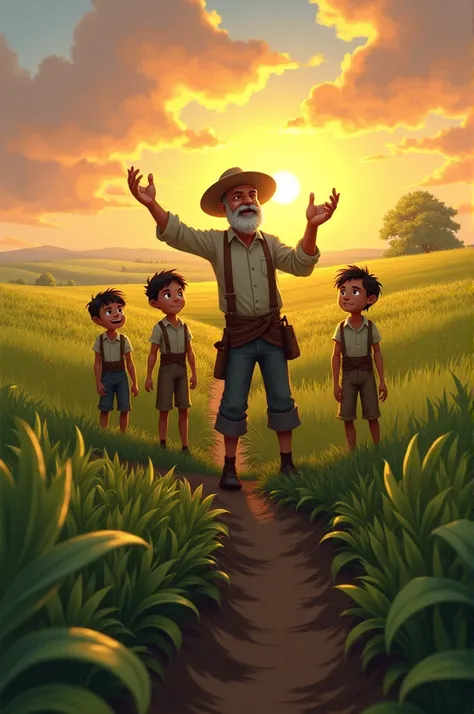 The farmer, standing in his green fields, calls his three sons with excitement. He gestures towards the ground and tells them about a hidden treasure in the field. The sons expressions change to eagerness and excitement as they get ready to find the treasu...