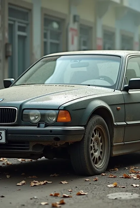 bmw-e38 740 without front right headlight, a little crushed on the side, a little dusty.