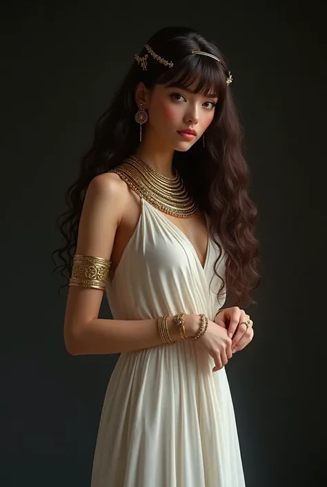 1girl, Egyptian goddess, white dress, long curly brown hair, bangs, jewelry in hair, gold bracelets
(masterpiece :1.2), (best quality :1.2), (very aesthetic :1.2), (absurdres :1.2), (dark background),newest, perfect anatomy, ai-generated, intricate details...