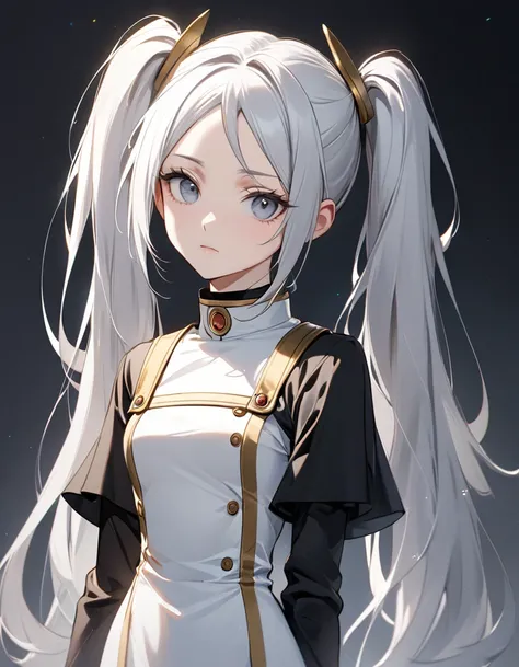 1girl, frieren character, silver hair with pony, twin tail, expressionless, 20 year old women, half body, slim, best quality, beautiful, 8K, act elegant pose, perfect body, concept