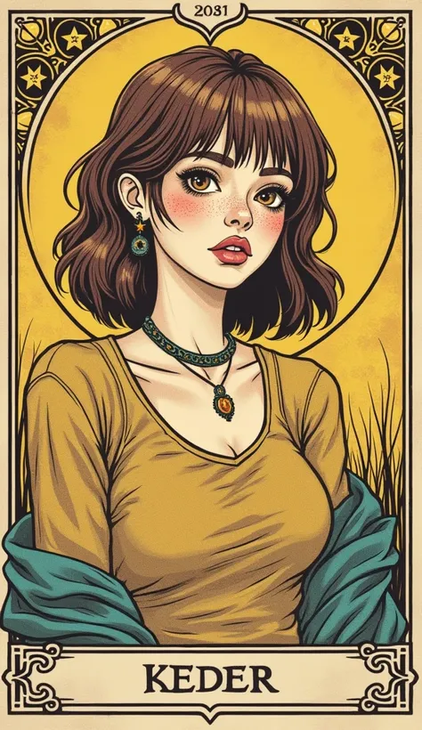 masterpiece, tarot symbolism iconography line-art aesthetics, tarot, teenager diva, languid pose, college outfit, brunette|blond, freckles, bob haircut, tarot frame