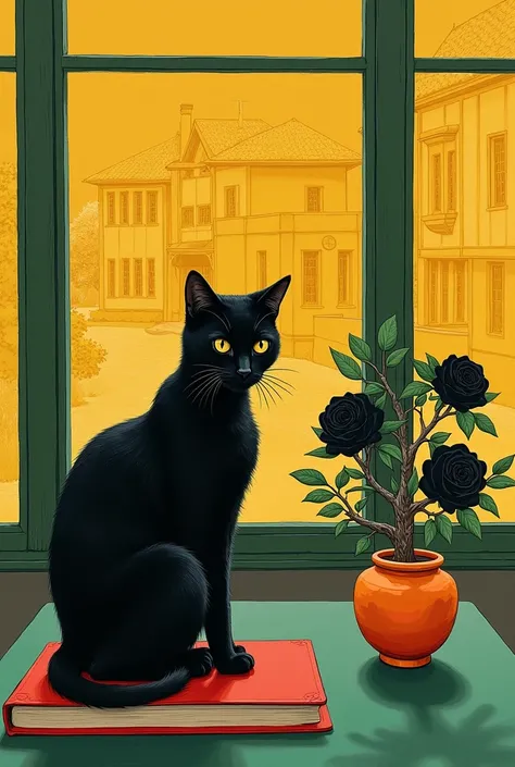 old Japanese painting, ((black cat sitting on a red book)), next to a small ((orange bonsai tree in an orange and red pot)), next to a ((vase with black roses)), all on one ((green table,)) in a room with large windows that reveal a ((intense yellow mansio...