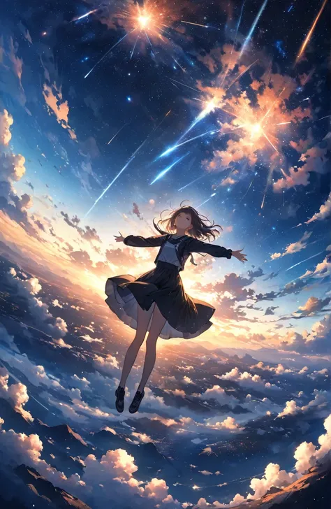 ((Amazingly absurd)),(masterpiece:1.2),超High resolution, Attention to detail, high quality, High resolution, 最high quality, 4K, 8k、so beautiful、landscape、landscape画、In the midst of complex, never-before-seen clouds、A mysterious space 、Countless meteor show...