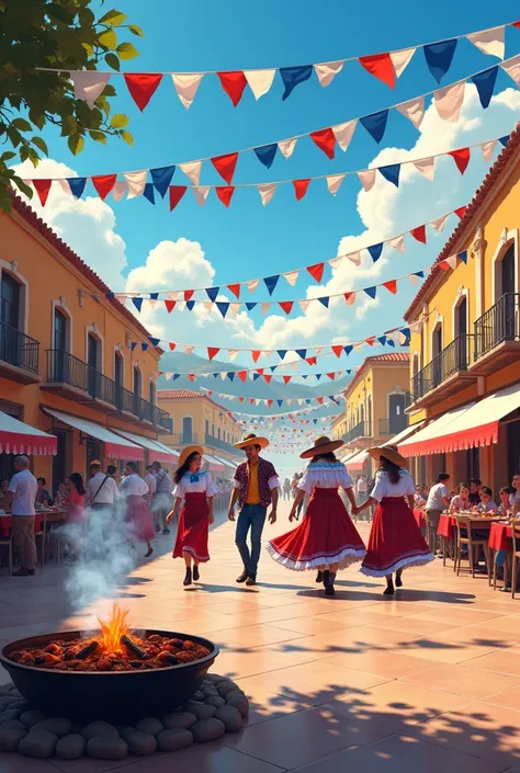 A colorful Chilean national holiday scene in an open-air plaza, with Chilean flags waving high and traditional decorations such as paper garlands in red colors, White and blue. In the middle, a group of people dance the cueca, the traditional dance of Chil...