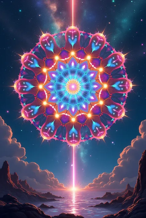 A mandala of different colors, with a modern and futuristic style, seen in the fifth dimension 