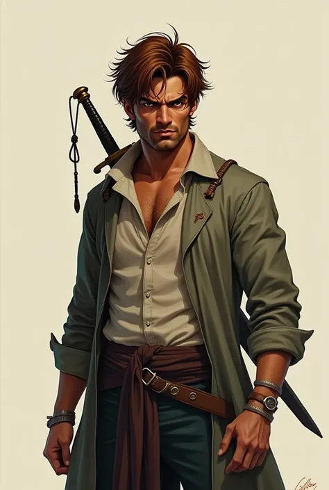 naughty man, brown skin, serious expression, chestnut hair, basic clothes, sword in the back, detailed, 2d