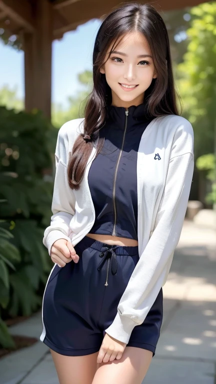 A superb exquisite real beautiful girl, semi-long hair, ponytail, extremely exquisite facial features, peerless beautiful girl, jogging suit,navy blue jogging suit, slender, small breasts, exposed thighs, sweet shy smile with teeth, soft, leaning forward, ...