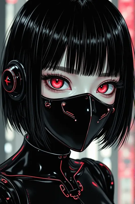 ((best quality)), ((masterpiece)), (detailed), perfect face of cyberpunk mecha japanese girl, shiny black eyes, shiny black body, shiny black hair, ((monochromatic black color palette)), surreal, art nouveau, in the illustrative style of moebius, spaceship...