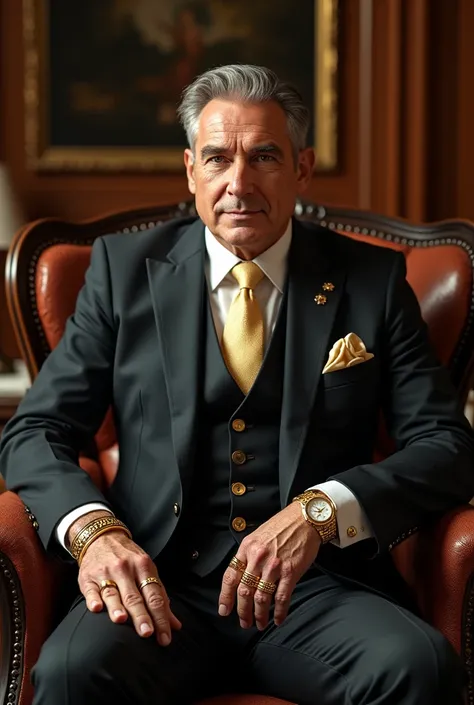 A rich man in formal clothing with golden jewelry 