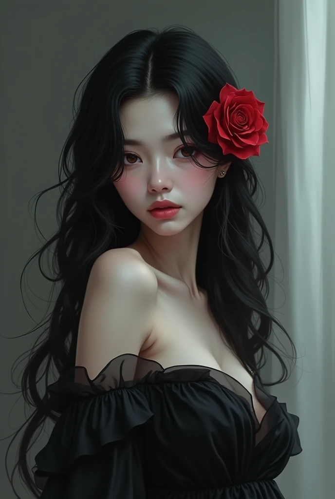 A beautiful girl with black hair and white skin with a red rose in her ear and a black dress