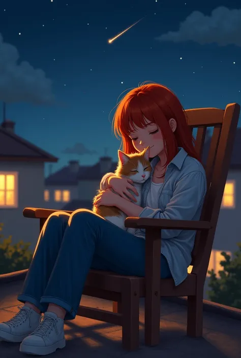 Realistic image, comfortable pose, indoor setting, soft dim lighting with warm shadows, intimate and artistic atmosphere, girl with fiery hair , Wearing jeans and a button up shirt, Part of the chest protrudes, She hugs her cat lovingly as she sits on the ...