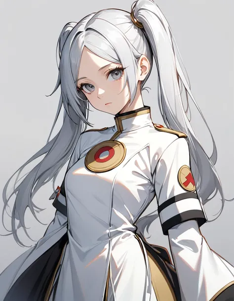 1girl, frieren character, silver hair with pony, twin tail, expressionless, tilt left, 20 year old women, half body, slim, best quality, beautiful, 8K, act elegant pose, perfect body, concept