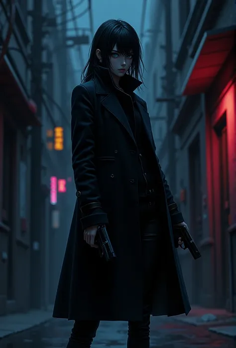 noir style, anime character, coat, gun