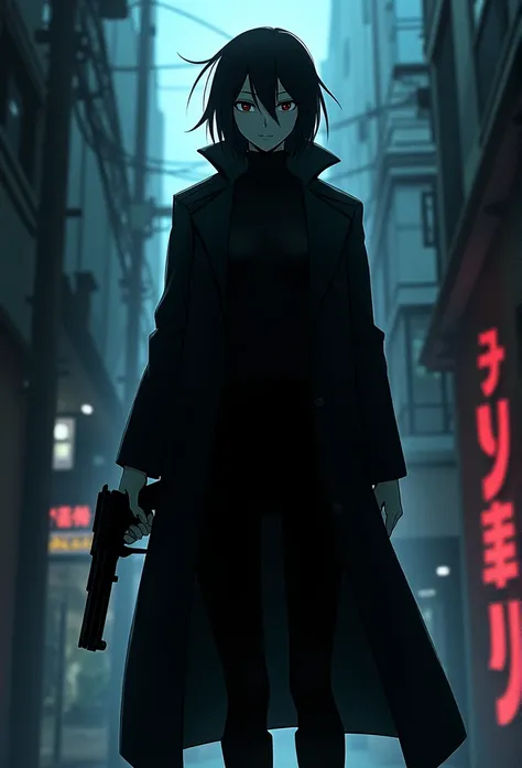 noir style, anime character, coat, gun