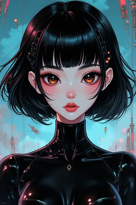 ((best quality)), ((masterpiece)), (detailed), perfect face of cyberpunk mecha japanese girl, shiny black eyes, shiny black body, shiny black hair, ((monochromatic black color palette)), surreal, art nouveau, in the illustrative style of moebius, spaceship...