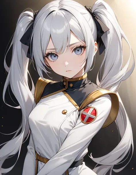 1girl, frieren character, silver hair with pony, twin tail, expressionless, tilt left, 20 year old women, half body, slim, best quality, beautiful, 8K, act elegant pose, perfect body, concept