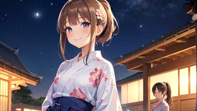 masterpiece,Highest quality,3girl,1st girl(Long Hair,ponytail,high school girl,tall,(Brown Hair),blush,smile,Navy blue floral yukata)Second girl(Small breasts,Petite,Middle school students,Mole under eye,close your eyes,smile,White floral yukata), (Blonde,...