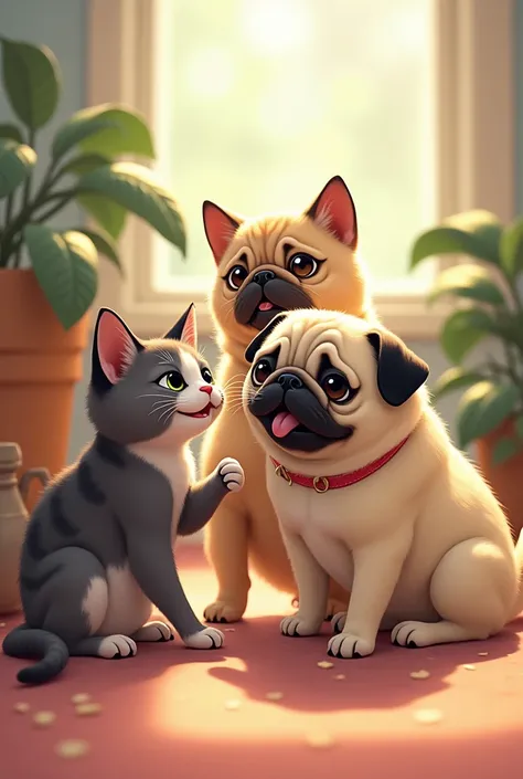 Two cats and one dog pug