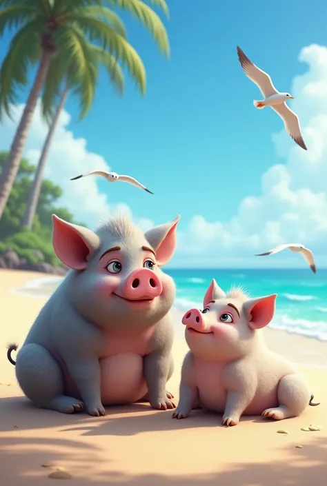 Image of a male pig on the beach with a female pig 