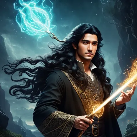 a handsome and young black-haired long-haired wizard with his magic wand, surrounded by abundant magic, magical realism, highly ...