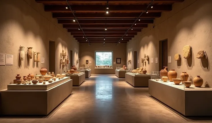  English Prompt: “MJ an image of the Jiahu Site Museum, showcasing unearthed artifacts and light effects, in a historical documentary style with antique colors.”