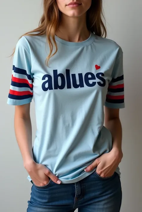 a t-shirt that says Ablues, right in the corner of the shirt, a blue and red stripe on the shirt on the sleeves of the shirt and the A of Ablues is a little bigger than all the letters

