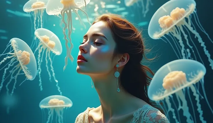 Jellyfish, beautiful woman, water, beautiful eyes 